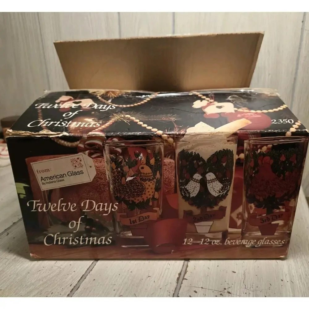 Vtg Indiana Glass 12 Days Of Christmas Glasses 12oz With Box Barware Holiday